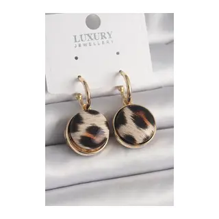 Pirinç Gold Renk Leopar Desenli Daire Model Kadın Küpe