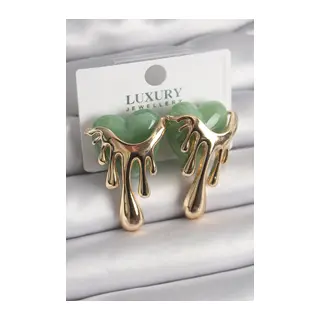 Pirinç Gold Renk Yeşil Sedefli Akan Kalp Model Kadın Küpe