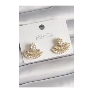 Pirinç Gold Renk Zirkon Taşlı Yelpaze Model Kadın Küpe