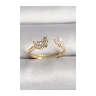 Pirinç Gold Renk Zirkon Taş Detaylı Beyaz Mineli Kelebek Model İnci Detay Ayarlanabilir Yüzük