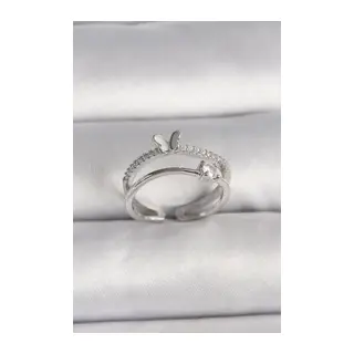 Pirinç Gümüş Renk Zirkon Taşlı Kelebek Figürlü Ayarlanabilir Yüzük