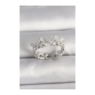 Pirinç Gümüş Renk Zirkon Taşlı Beyaz Mineli Kelebek Model Ayarlanabilir Yüzük