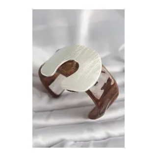 Kahverengi Mermer Desen Akrilik Plastik Gümüş Plaka Model Vintage Kadın Bilezik