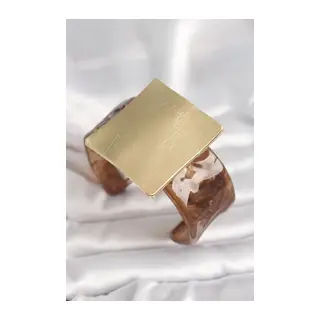Kahverengi Mermer Desen Akrilik Plastik Gold Kare Plaka Model Vintage Kadın Bilezik