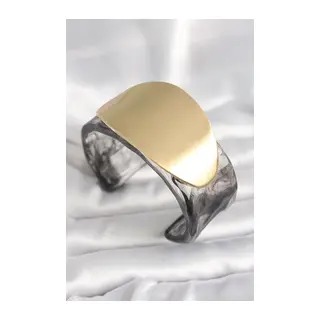 Siyah Mermer Desen Akrilik Plastik Gold Oval Plaka Model Vintage Kadın Bilezik