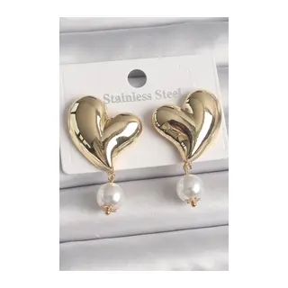 Pirinç Gold Renk Kalp Model Sallantı İnci Detay Kadın Küpe