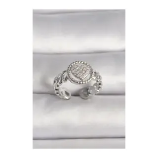 Pirinç Gümüş Renk Zincir Model Zirkon Taşlı Kalp Model Kadın Yüzük