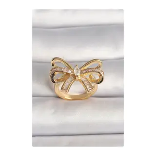 Pirinç Gold Renk Ayarlanabilir Zirkon Taşlı Kurdele Model Kadın Yüzük