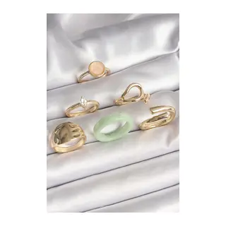 Pirinç Gold Renk Zirkon Taşlı Daire Pembe Mineli Detay 6'Lı Kadın Yüzük Seti