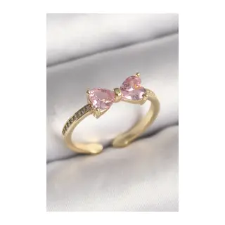 Pirinç Gold Renk Pembe Zirkon Taşlı Kalp Fiyonk Model Kadın Yüzük
