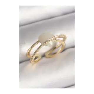 Pirinç Gold Renk Beyaz Kristal Kalp Model Zirkon Taş Detay Kadın Yüzük