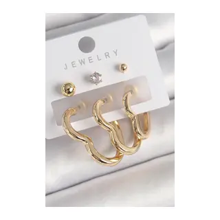 Pirinç Gold Renk Kalp Model Zirkon Taşlı Topçuk Detay Kadın Küpe Seti