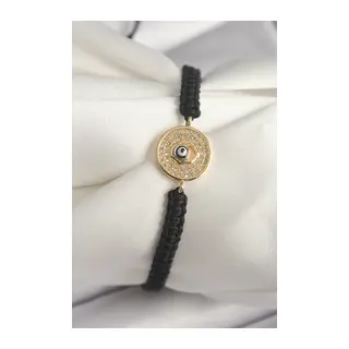 Pirinç Gold Renk Zirkon Taşlı Nazar Boncuk İşleme Makrome Asansörlü Model Kadın Bileklik