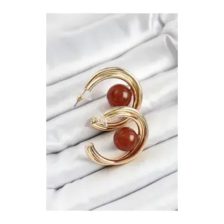 Pirinç Gold Renk Halka Model Kahverengi Boncuk Detay Kadın Küpe