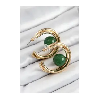 Pirinç Gold Renk Halka Model Yeşil Boncuk Detay Kadın Küpe