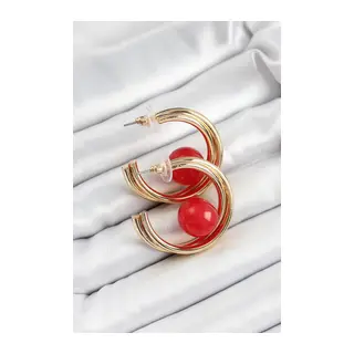 Pirinç Gold Renk Halka Model Kırmızı Boncuk Detay Kadın Küpe