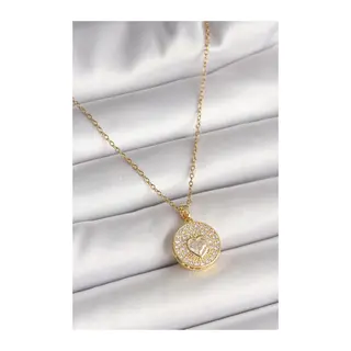 316L Çelik Gold Renk Zincir Madalyon Zirkon Taşlı Kalp Model Kadın Kolye