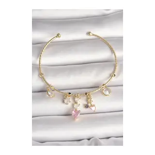 Pirinç Gold Renk Sallantı Zirkon Taşlı Kalp Figür Pembe Kalp Detay Charm Kadın Bileklik