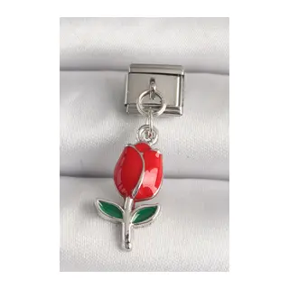 316L Çelik Gümüş Renk Kırmızı Gül Model Nomination Charm