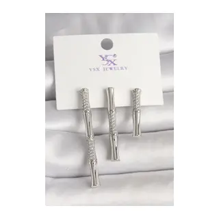 Pirinç Gümüş Renk Zirkon Taşlı Bambu Model 3'Lü Kadın Kombin Küpe