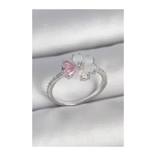 Pirinç Gümüş Renk Beyaz Mineli Pembe Zirkon Taşlı Çiçek Model Kadın Yüzük