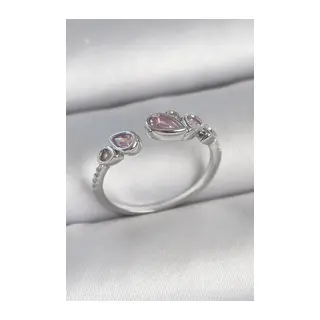 Pirinç Gümüş Renk Pembe Damla Zirkon Taşlı Ayarlanabilir Model Kadın Yüzük