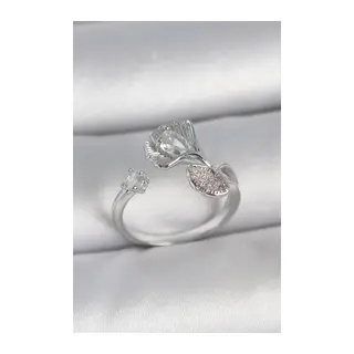 Pirinç Gümüş Renk Zirkon Taşlı Deniz Kabuğu Model Ayarlanabilir Kadın Yüzük