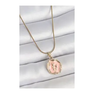 316L Çelik Gold Renk Zincir Pembe Mineli Çiçek İşlemeli Portre Model Kadın Kolye