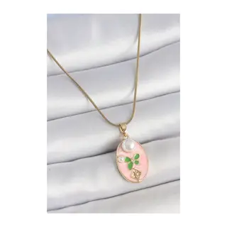 316L Çelik Gold Renk Zincir Pembe Mineli Oval İncili Çiçek İşlemeli Portre Model Kadın Kolye
