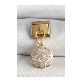 316L Çelik Gold Renk Sallantı Zirkon Taşlı Yonca Model Nomination Charm