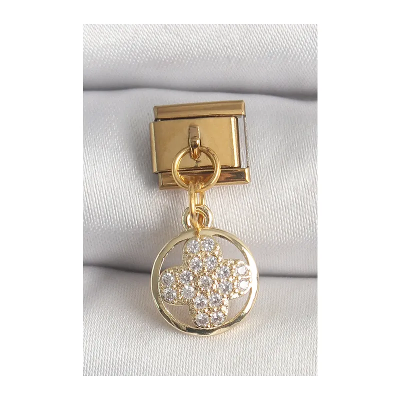 316L Çelik Gold Renk Sallantı Zirkon Taşlı Yonca Model Nomination Charm