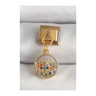 316L Çelik Gold Renk Sallantı Renkli Zirkon Taşlı Göz Model Nomination Charm