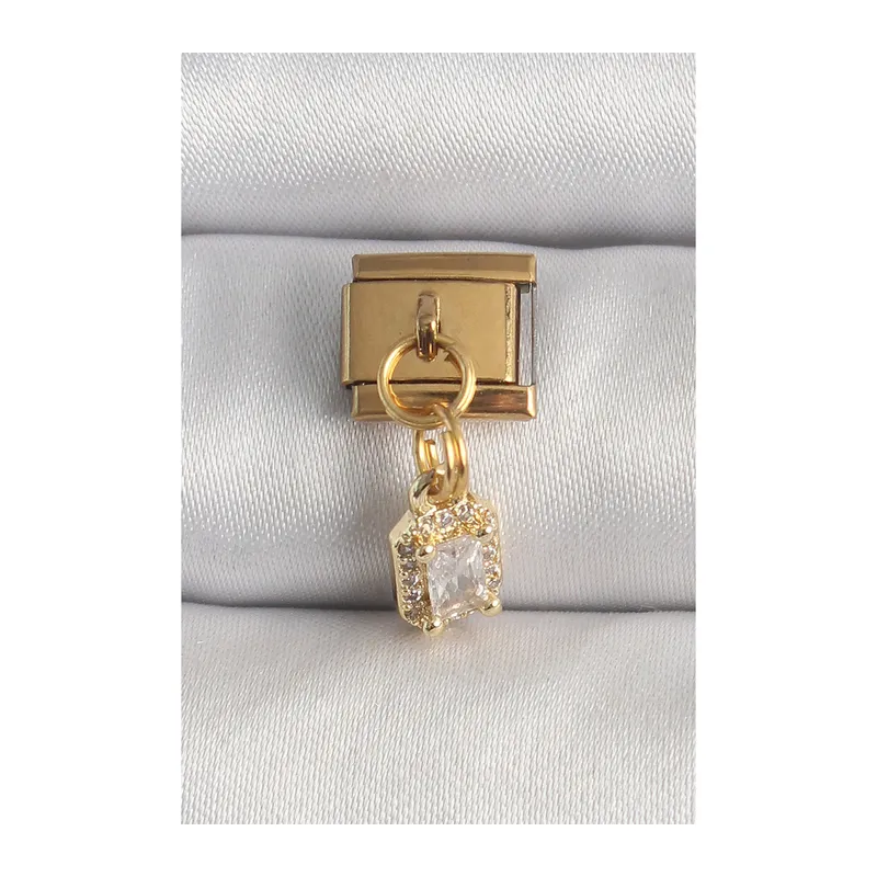 316L Çelik Gold Renk Sallantı Zirkon Taşlı Kare Model Nomination Charm