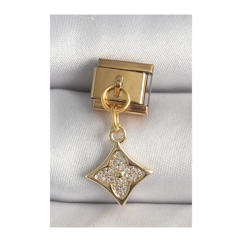 316L Çelik Gold Renk Sallantı Zirkon Taşlı Çiçek İşlemeli Nomination Charm