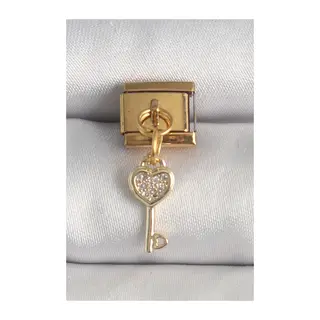 316L Çelik Gold Renk Sallantı Zirkon Taşlı Kalpli Anahtar Model Nomination Charm
