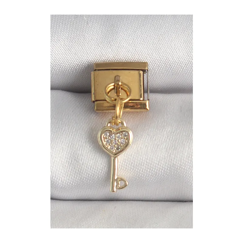 316L Çelik Gold Renk Sallantı Zirkon Taşlı Kalpli Anahtar Model Nomination Charm
