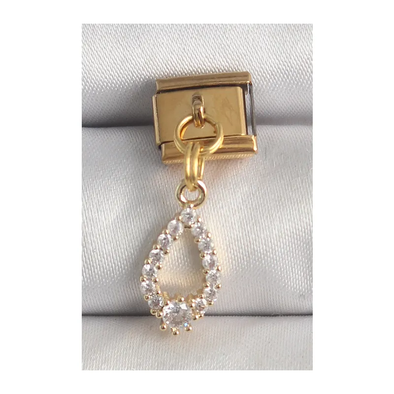 316L Çelik Gold Renk Sallantı Zirkon Taşlı Damla Model Nomination Charm
