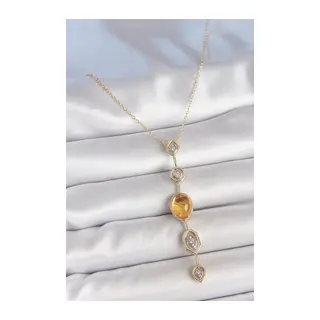 Pirinç Zincir Kehribar Sarı Gold Renk Zirkon Taşlı Y Kolye