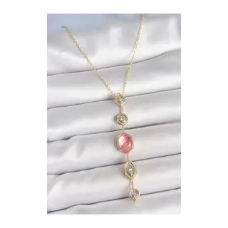Pirinç Zincir Pembe Gold Renk Zirkon Taşlı Y Kolye