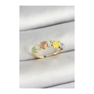 Pirinç Sıralı Kalp Figürlü Zirkon Taşlı Gold Renk Ayarlanabilir Kadın Yüzük