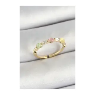 Pirinç Sıralı Boncuk Figürlü Zirkon Taşlı Gold Renk Ayarlanabilir Kadın Yüzük