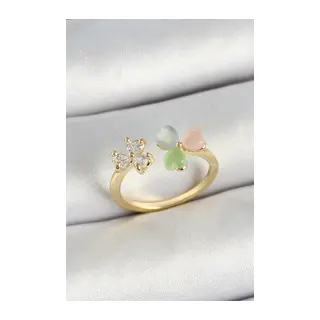 Pirinç Kalp Figürlü Zirkon Taşlı Gold Renk Ayarlanabilir Kadın Yüzük