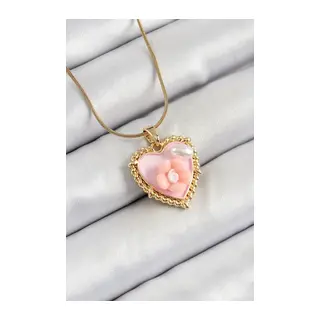 316L Çelik Zincir Pembe Sanatsal Portre İnci Detaylı Papatya Figürlü Kalp Model Gold Renk Kadın Kolye