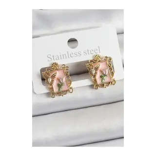 Pirinç Pembe Mineli Sanatsal Portre Model Gold Renk Kadın Küpe