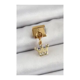 316L Çelik Sallantılı Zirkon Taşlı Kraliçe Tacı Model Gold Renk Nomination Charm