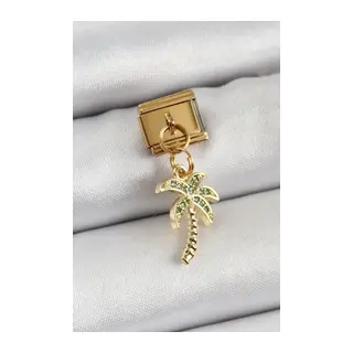 316L Çelik Sallantılı Zirkon Taşlı Palmiye Ağacı Model Gold Renk Nomination Charm