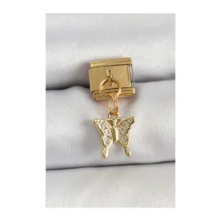 316L Çelik Sallantılı Zirkon Taşlı Kelebek Model Gold Renk Nomination Charm