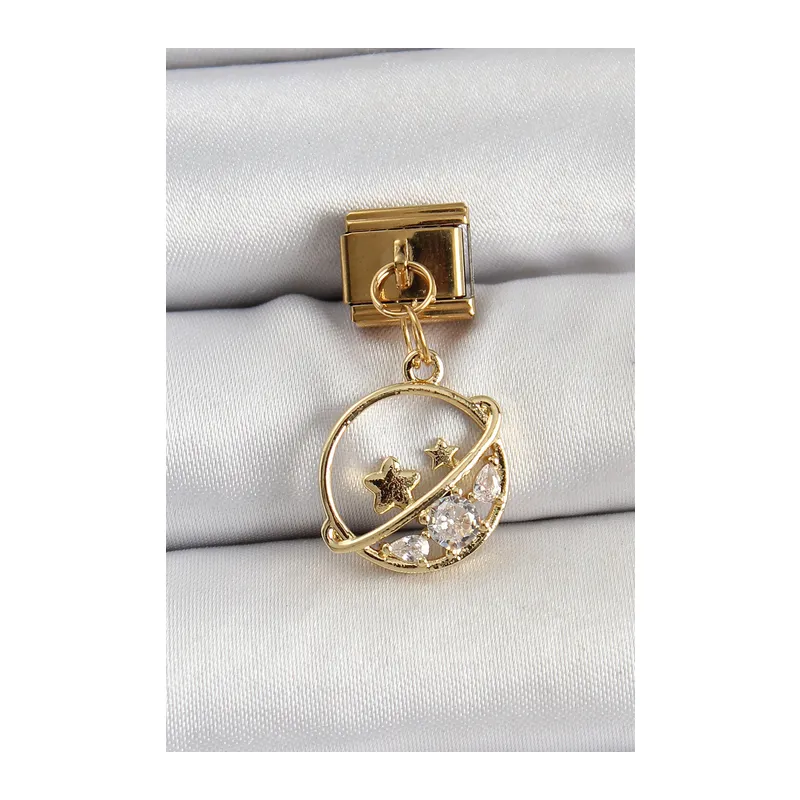316L Çelik Sallantılı Zirkon Taşlı Satürn Model Gold Renk Nomination Charm