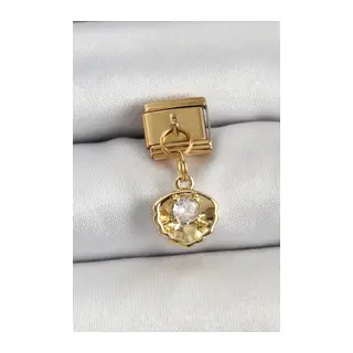 316L Çelik Sallantılı Zirkon Taşlı İstiridye Model Gold Renk Nomination Charm