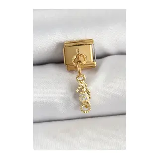 316L Çelik Sallantılı Zirkon Taşlı Deniz Atı Model Gold Renk Nomination Charm